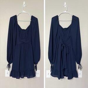 Navy Blue Long Sleeve Mini Dress with Ruffled Hem and Tie Back - Size Large